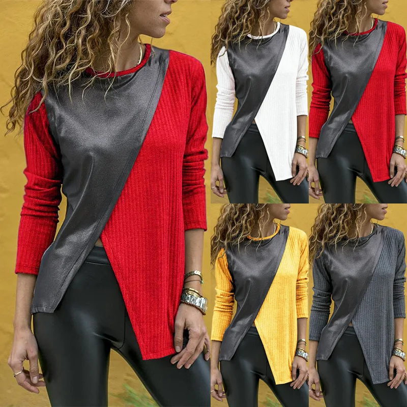 

Splicing Long Sleeve T Shirt Polyester Clothing for Women Round Neck Fashion Woman T-shirts Dress Top T-shirts for Girls