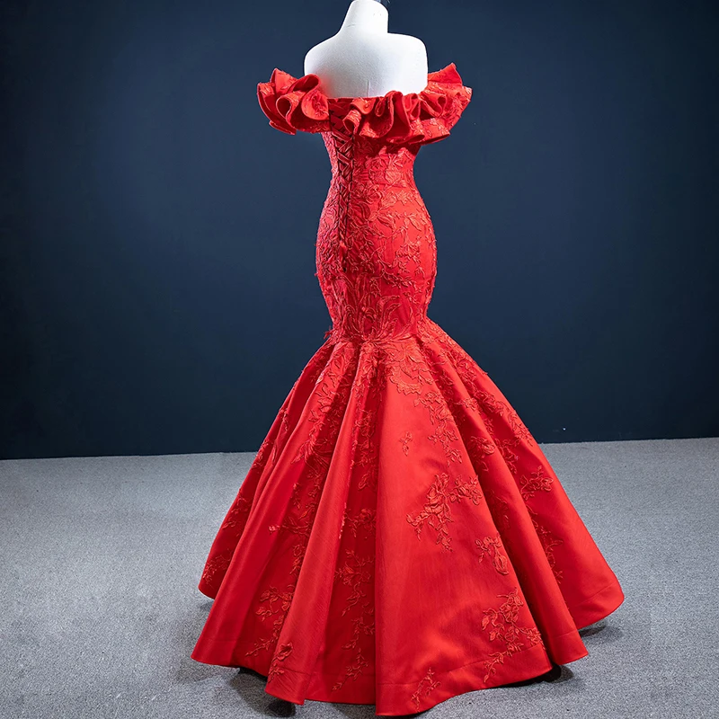J67173 Red Colour Mermaid Evening Dress 2020 Appliques Lace Up Back Boat Neck With Sleeveless vestiti cerimonia donna