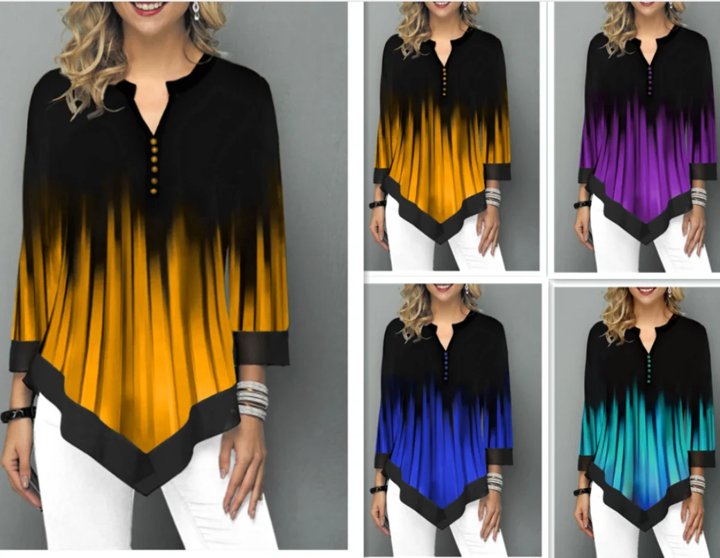 

Vogue Irregular Hem Stripe Print V-Neck Women's T-Shirt Pops Nice Autumn Casual Pop Style Stripe Printed Women Street hipsters