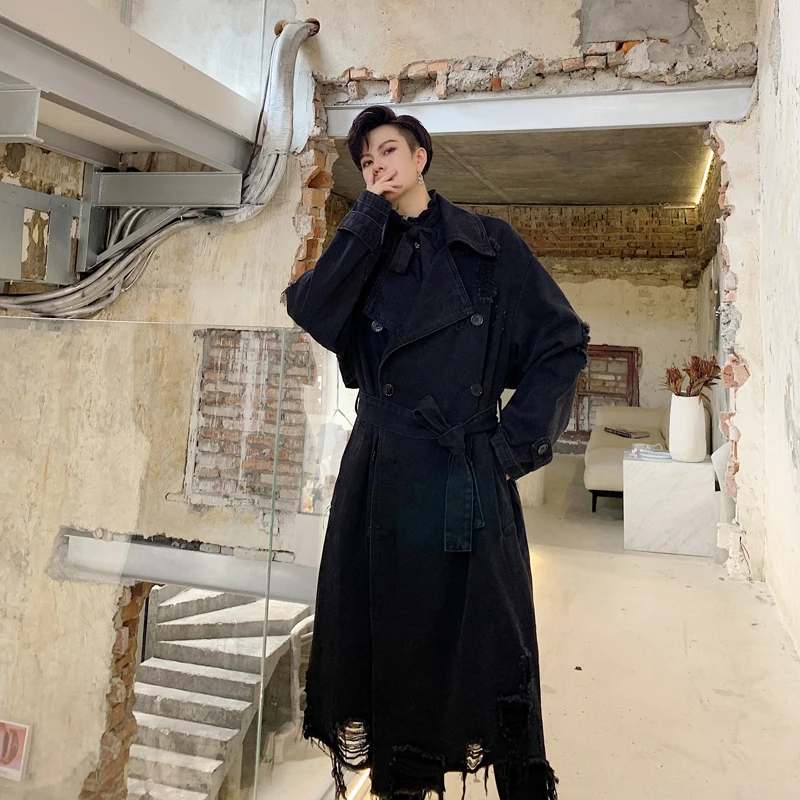 

Autumn winter blue black ripped long denim trench coat punk rock jeans jacket man vintage hip hop overcoat abrigo hombre