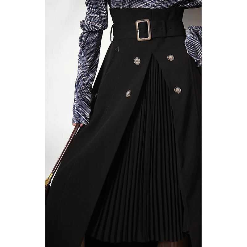 

High Waist Brown Bandage Asymmetrical Pleated Skirt Women Khaki Buttons Down female skirts 2021