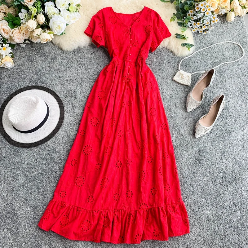 

Bohemian Solid A-line Summer Dress Women 2020 V Neck Retro Long Dresses Hollow Out High Waist Button Vestidos