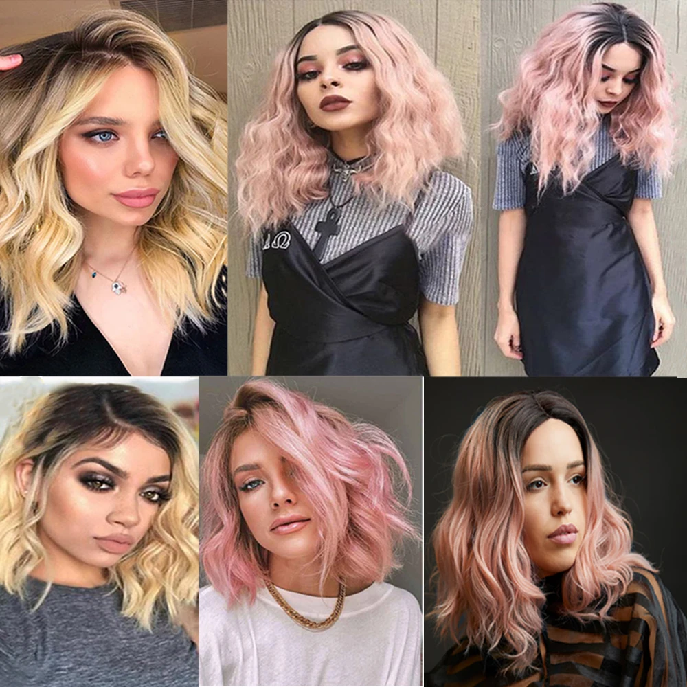 Short Bob Synthetic Lace Front Wigs Natural Wavy Black Rooted Mixed Pastel Rose Pink Side Part Wig For White Women SOKU | Шиньоны и