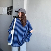 harajuku blue striped simple short sleeved t shirt womens hole feature clothes casual all match korean fashion womens top y2k