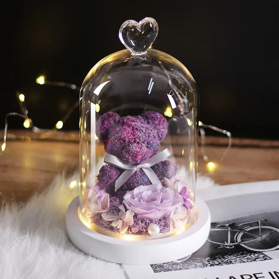 purple Плюшевый мишка розы цветы в стеклянном куполе Рождественский фестиваль DIY дешевые домашние Свадебные украшения день рождения подарки ко дню Святого Валентина - Цвет: purple