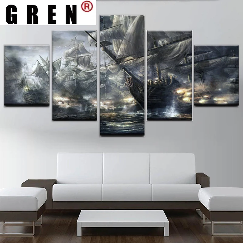

Настенные картины GREN для гостиной, современный дизайн, домашний декор, 5 шт., печатные пиратские корабли, картины «Битва на море», Canva
