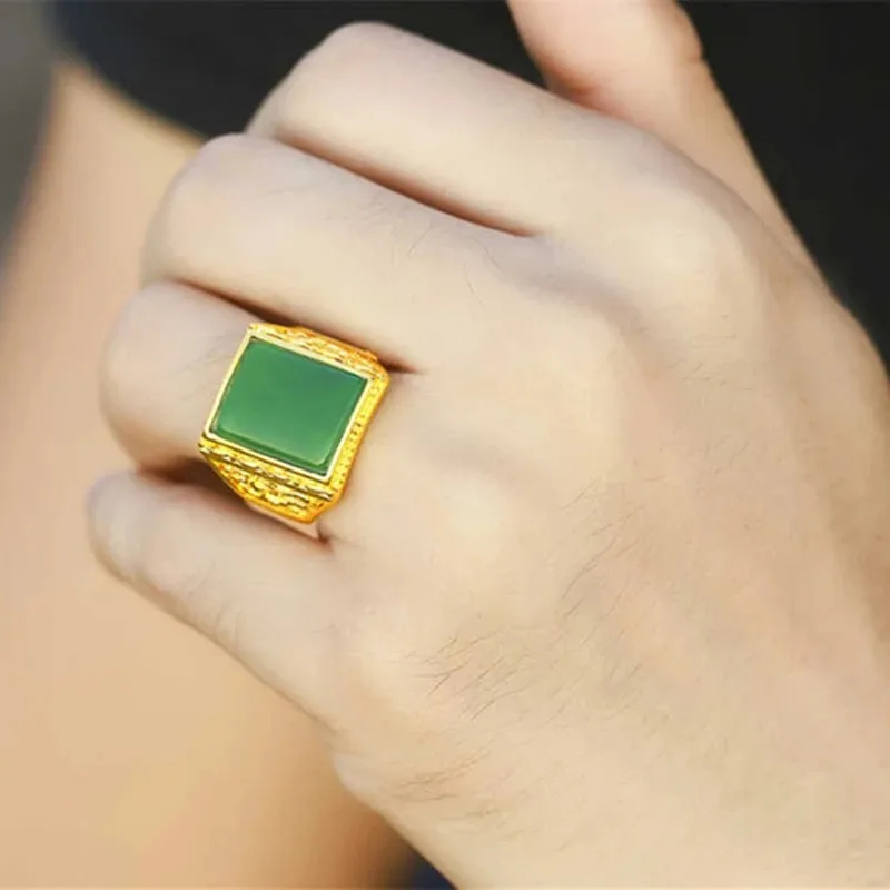 

Vintage Domineering Men Boy Inlay Green Stones Ring 18K Gold Square Cuff Finger Rings Jewelry Accessories