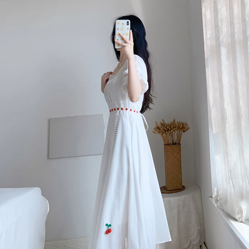 

COIGARSAM French Style Women dress New Vintage Square Collar Dresses White 6861