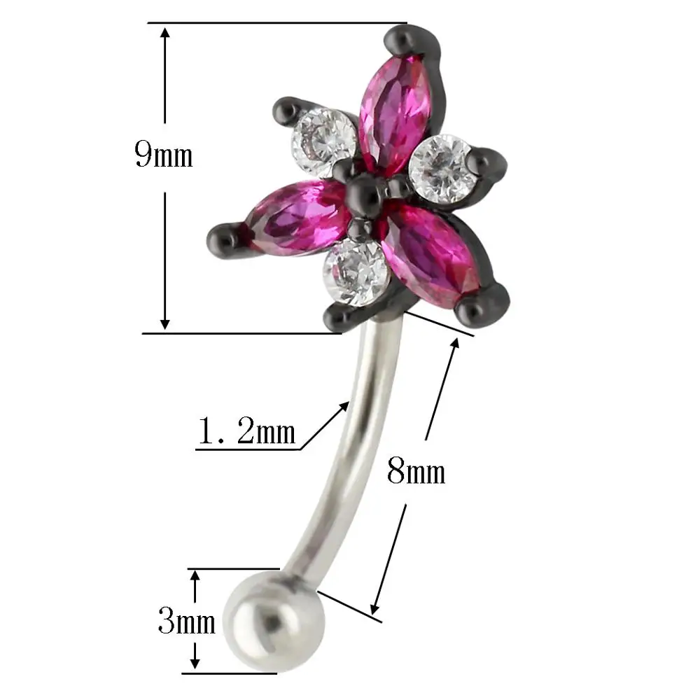 JHJT 16G кольцо для бровей 316L хирургическая сталь PVD покрытые цветы CZ ювелирные