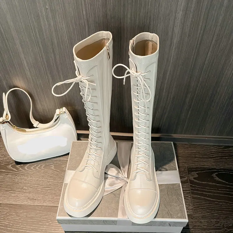 Beli ESVEVA 2022 Sepatu Bot Wanita Selutut Kulit Asli Berenda Gaya Barat Sepatu Musim Dingin Ukuran 34-39
