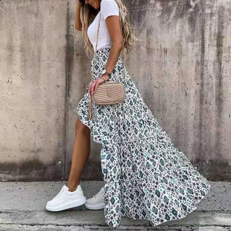 Новая летняя Женская Асимметричная длинная юбка с принтом Офисная стильная