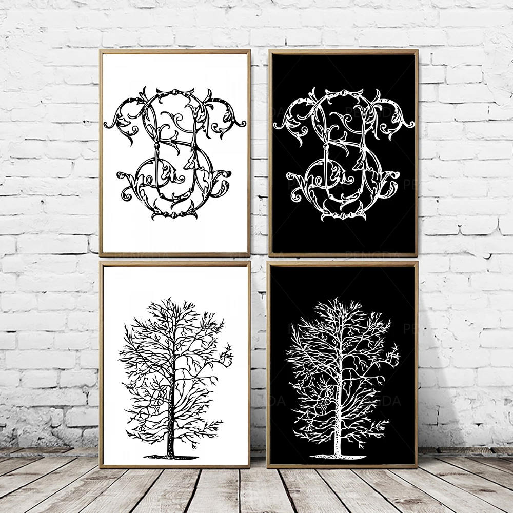 Узор с черными растениями и белыми деревьями домашнее украшение холст живопись