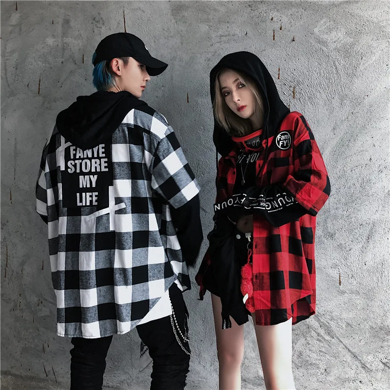Хип-хоп рубашки в уличном стиле для мужчин Harajuku с капюшоном клетчатая Лоскутная рубашка с длинными рукавами простая универсальная Повседневная приталенная мужская одежда