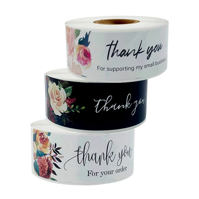 

1 Roll Rectangular Self-adhesive Flower Pattern Roll Sticker Thank You 7.50*2.50cm Thank You For Your Order Color Sticker Labels