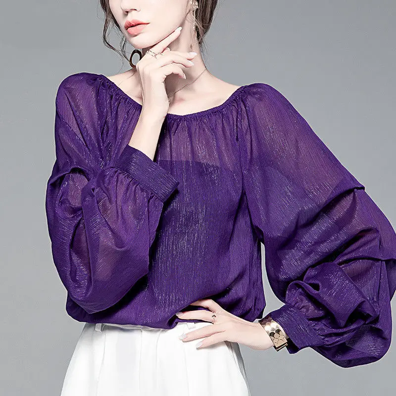 

See-Through Purple Women Blouse Summer New 2021 Slash Neck Lantern Sleeved Elegant Office Lady Pulls Outwear Tops