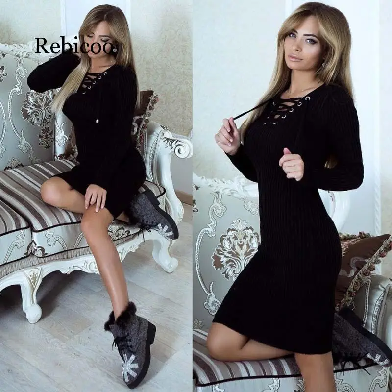 

2019 autumn knit dress female long dress ladies long sleeve winter bandage long sweater women
