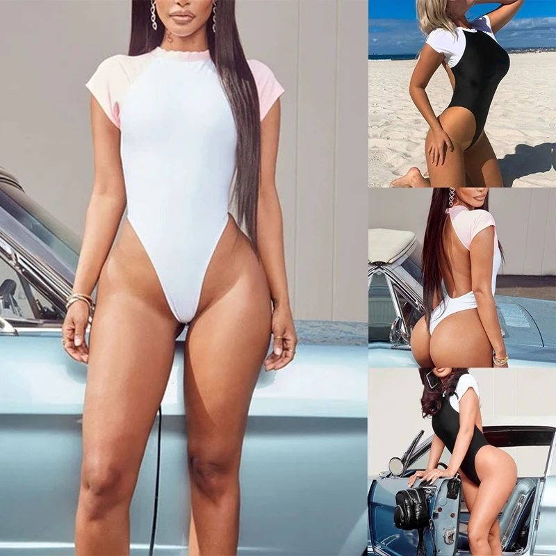 

Women's Fashion Sexy Halter Short Sleeve Color Block Briefs One-Piece Swimsuit