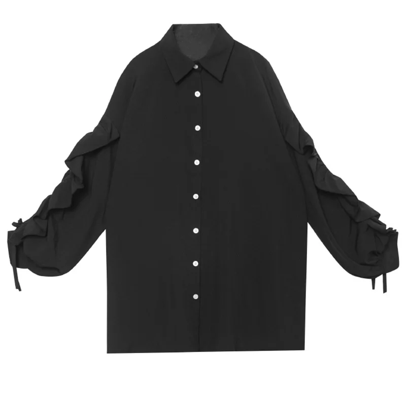 

[EAM] Women Black Big Size Ruffles Pleated Blouse New Lapel Long Sleeve Loose Fit Shirt Fashion Tide Spring Summer 2021 1DD8305