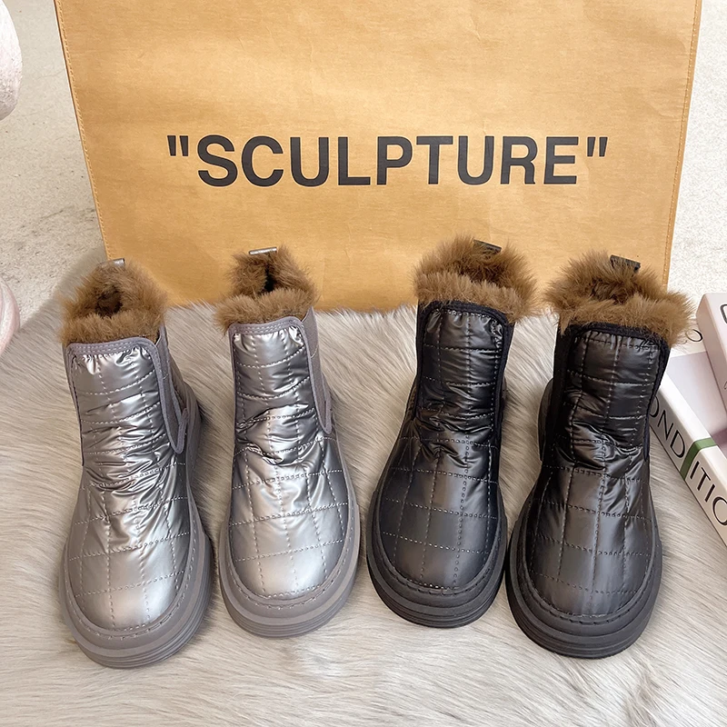 

Winter Women Tartan Style Warm Fur Classic Snow Boots Add Cotton High-quality Durable Soft Bottom Ankle Shoes mwa botas de mujer