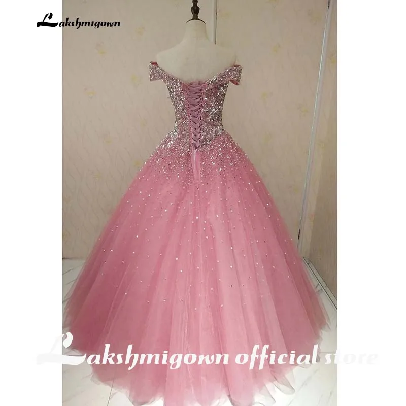 

Stunning Pink Tulle Sequins Strapless Lace Up Ball Gown Crystals Long Formal Prom Dress Vestido De Festa Robe De Soiree
