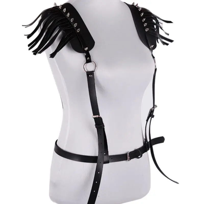 

Womens Gothic Punk Ruffles Shoulder Straps Faux Leather Body Harness Belt Chain Harajuku Rivets Adjustable Suspenders