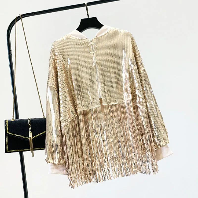 

Sequins Bomber Jacket Hollow Mesh Spliced Coat Asymmetric Beading Fringed Zipper Cardigan Tassels Dance Show Glitter Crop Tops