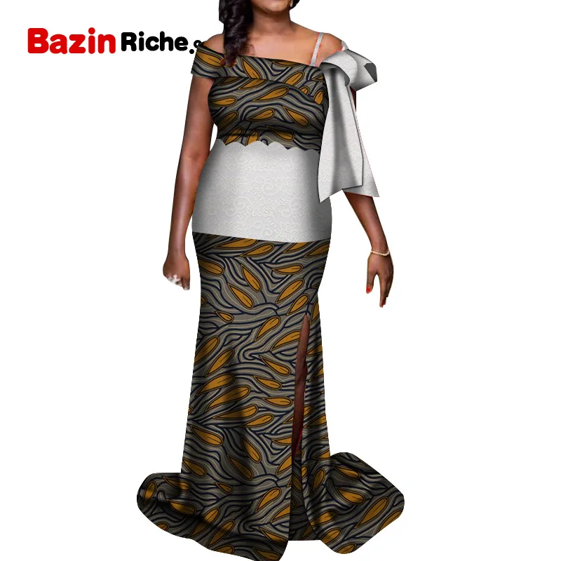 

African Print Long Mermaid Dress for Women Bazin Rich Patchwork Off the shoulder Lace Clothing WY5354