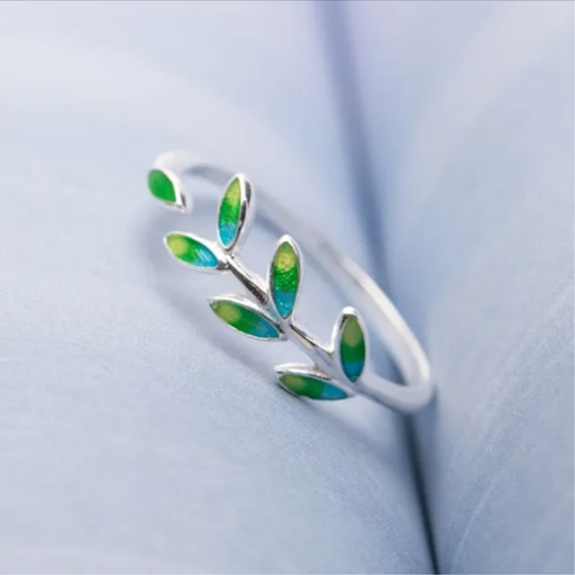 

Green Leaf Handmade Creative 925 Sterling Silver Temperament Personality Fashion Female Trendy Resizable Opening Rings