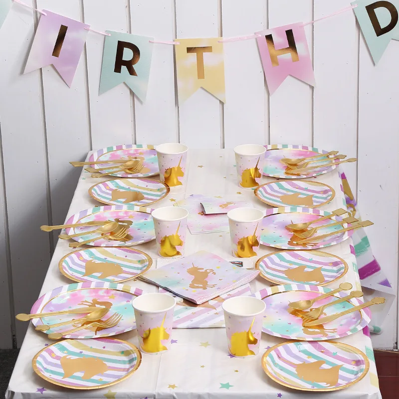 Набор одноразовой посуды с золотым единорогом украшение для вечеринки в честь