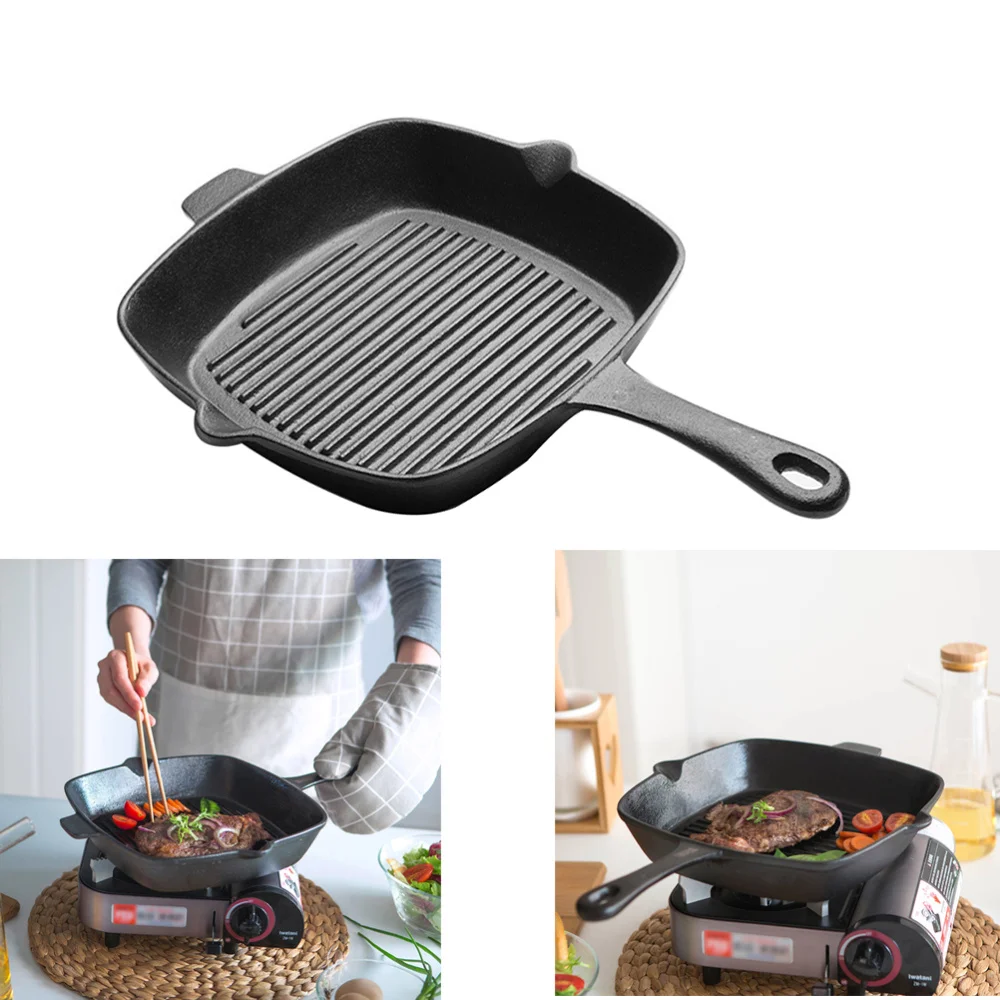 

26cm Cast Iron Square Grill Pan Non Stick Steak Frying Pan for Electric or Gas Stove Tops (Black)
