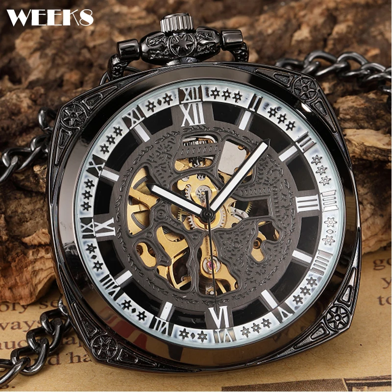 

Roman Numeral Square Case Mechanical Pocket Watch Male Antique Vintage Steampunk Skeleton Luxury Engrave Fob Chain Clock for Men