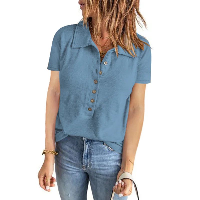 

2022 Women Summer Short Sleeve Button V-Neck Tshirts Casual Solid Color Lapel Knit Tee Tops Ladies Vintage Loose Pullover Tops