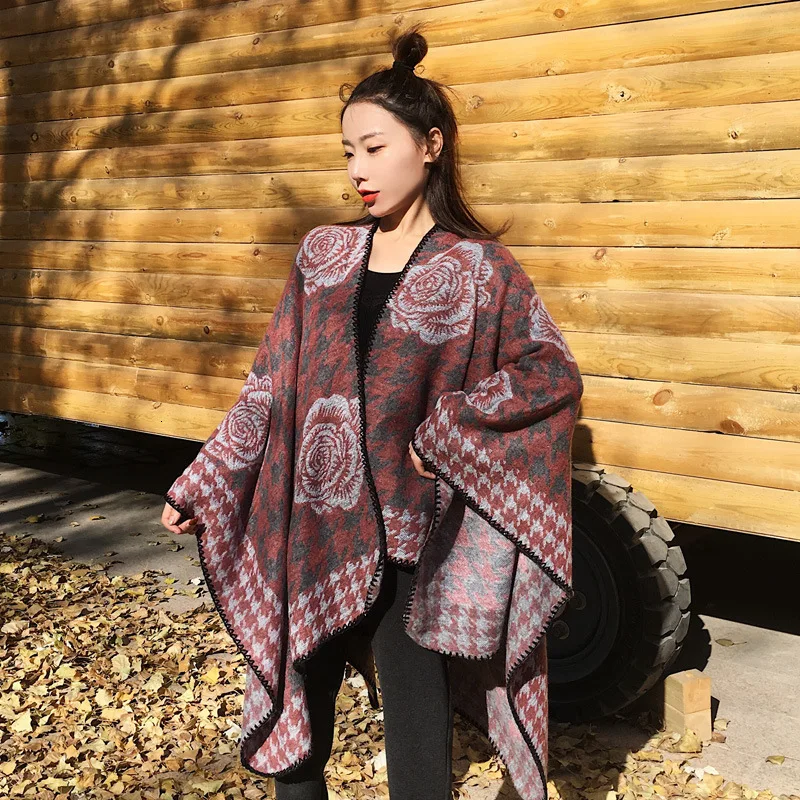 

2019 Fashion Women Poncho Sweater Contrast Color Faux Cashmere Capes Loose Casual Ladies Warm Shawl Scarf Outerwear