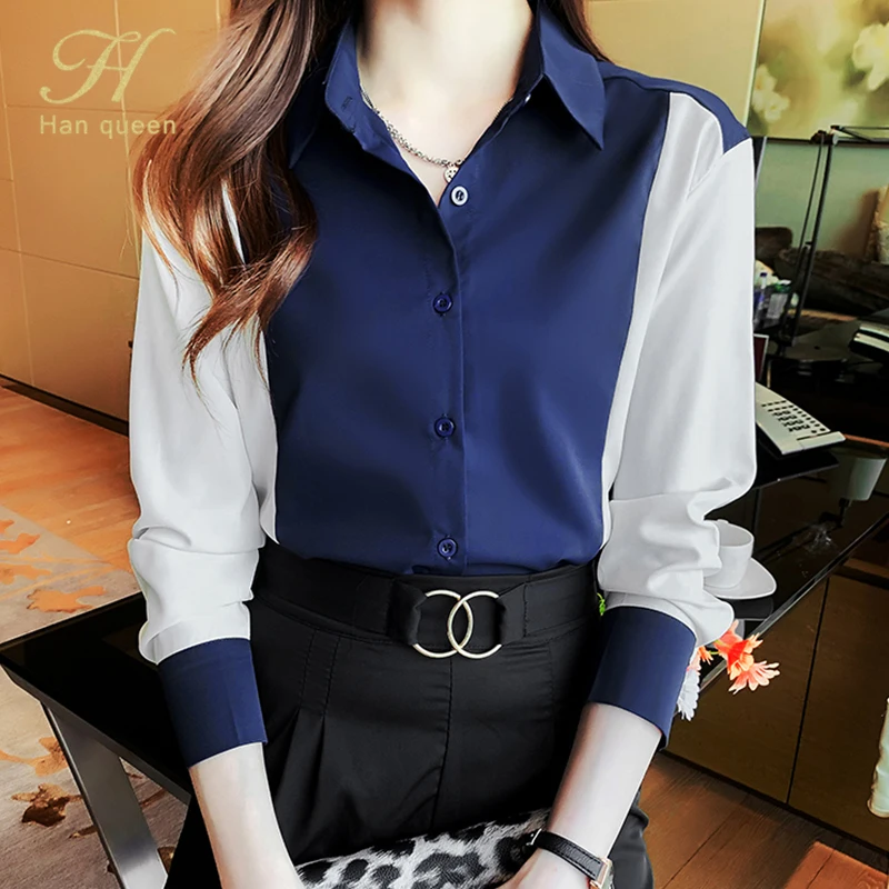 

Женская однобортная блузка H hHan Queen, винтажная блузка с отложным воротником, повседневные топы, 2021