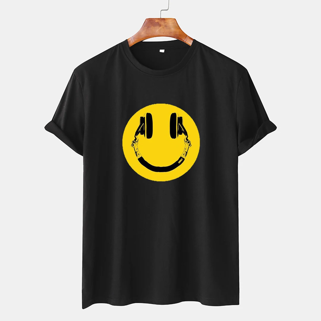 

New men's short-sleeved T-shirt pure cotton 2021 summer loose casual simple earphones creative smiley print pattern
