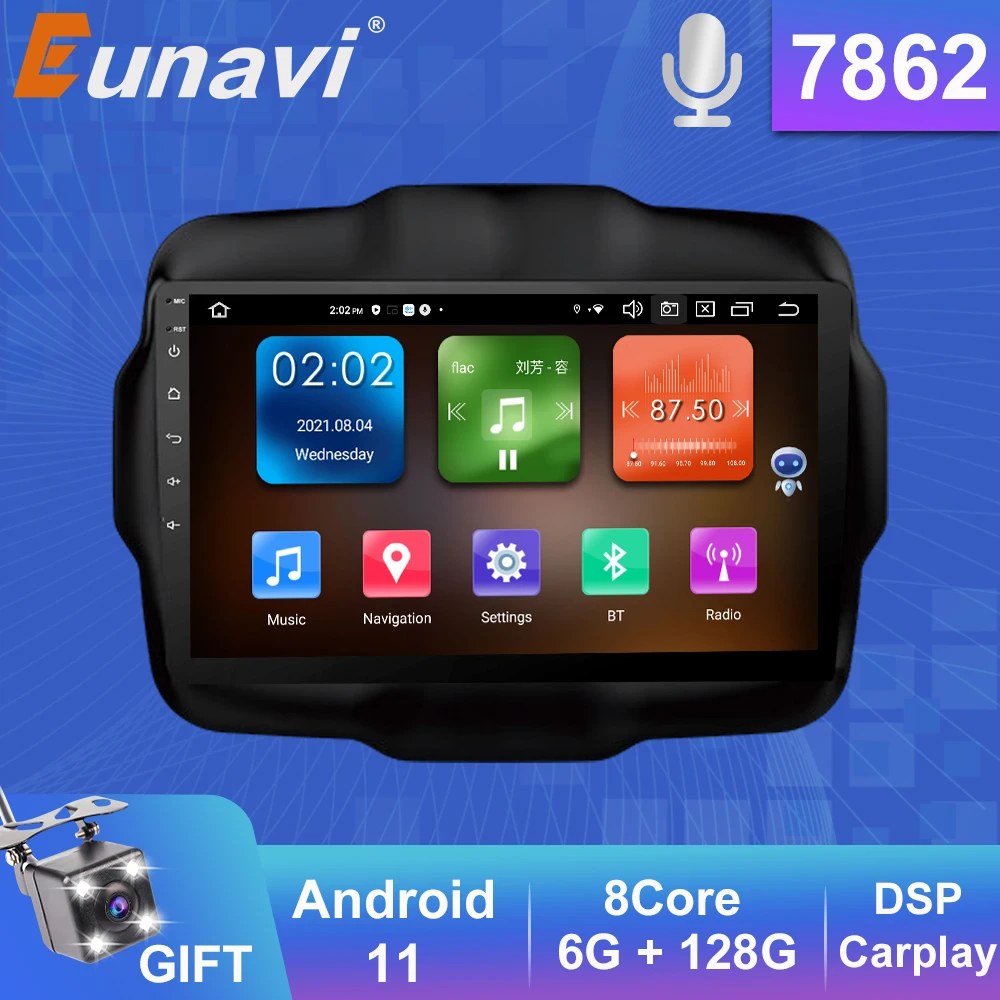 

Автомагнитола Eunavi, 2 DIN, Android 11, для автомобиля Jeep Renegade 2016, 2017, 2018, 2019, 2020, DVD, мультимедийный видеоплеер, навигация, GPS, 2din