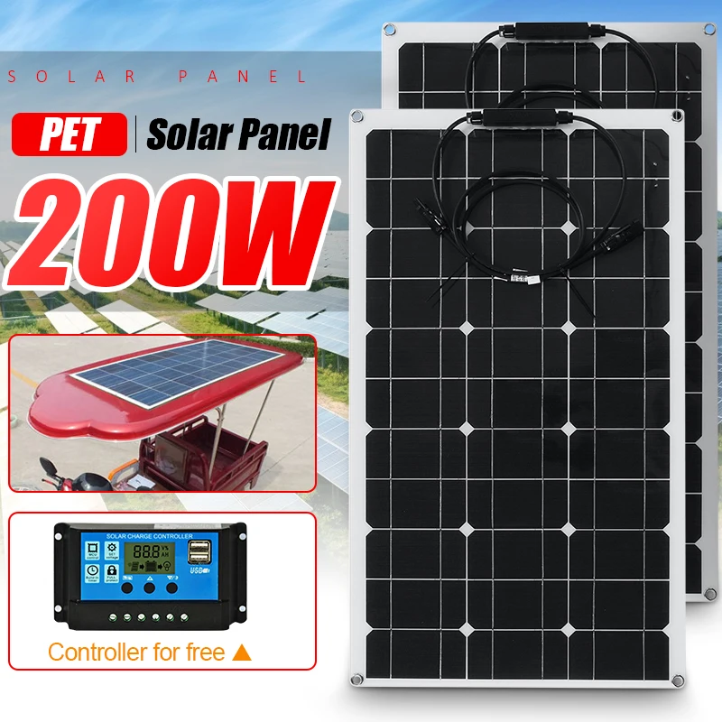 

PET Solar Panel 100W 200W Solar Power Bank Solar Battery Charger Power Generator System Kit Complete For Outdoor Workshop Power