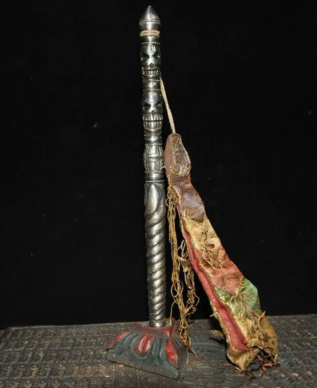 

wedding decoration 14"Tibet Meteorite iron Tiantie skull skeleton Vajra Dorje Phurba pestle sceptre