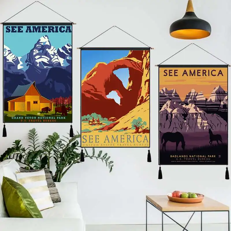 Винтажная подвесная Вешалка из хлопчатобумажной ткани для путешествий постер с