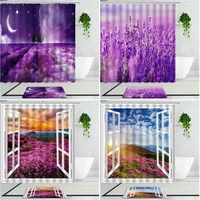 2pcs set purple shower curtain lavender flowers at sunlight focus pastel colors violet lavande field bathroom curtains bath mats