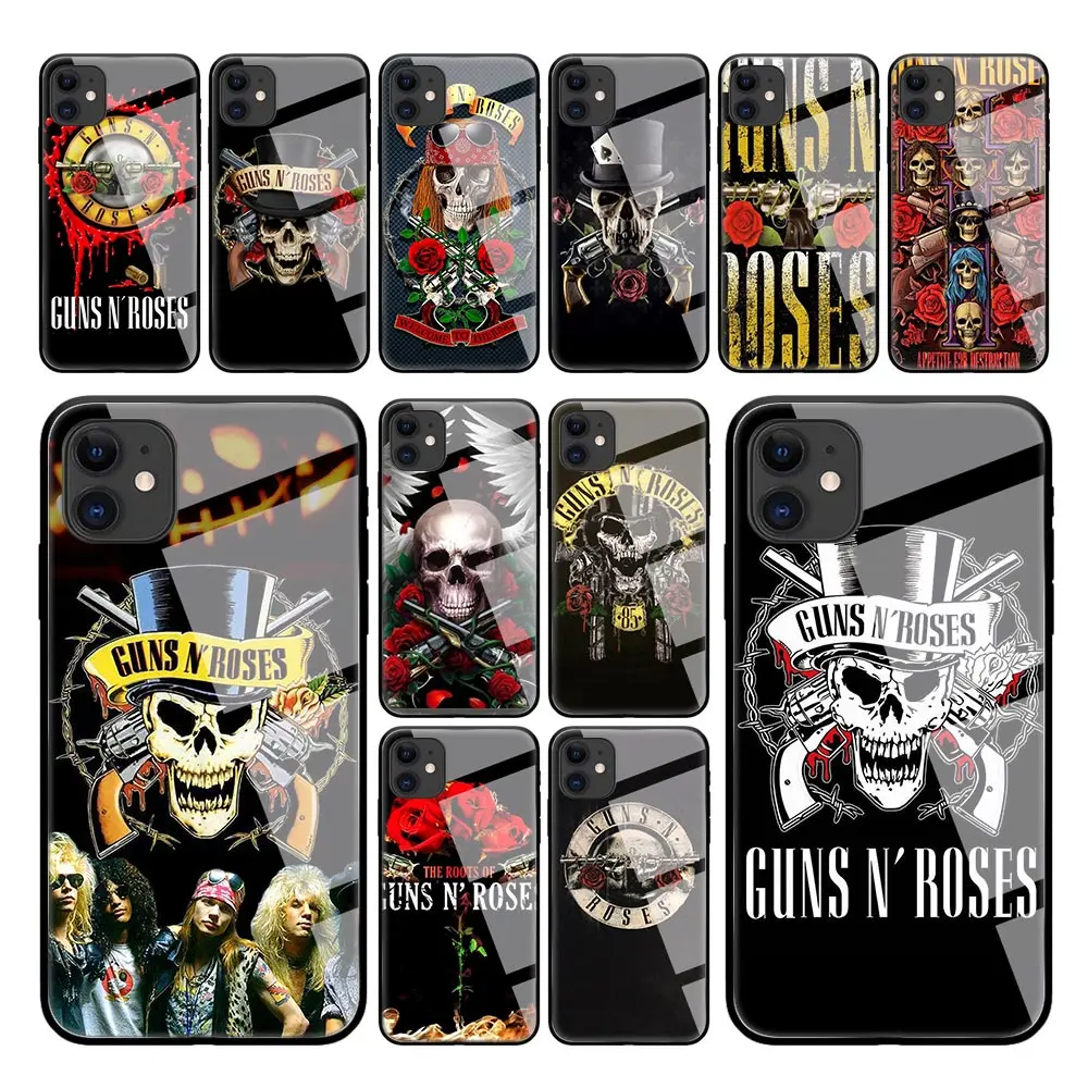 

Guns n roses Case for iPhone 13 12 Mini 11 Pro Max X XS XR 8 7 Plus 6 6S SE 2020 Tempered Glass Black Edge Phone Cover 13Pro