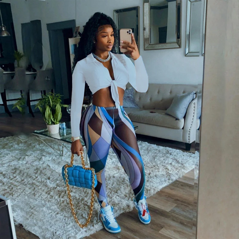 

Two Piece Pants Set Women Long Sleeve Solid Color Cross Strap Crop Tops Shirt High Waist Print Long Leggings Pants Clothing Sets