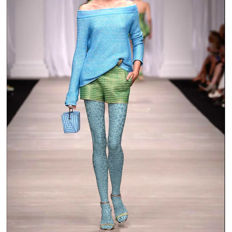 

Women Lake Blue Leopard Print Pantyhose Stockings Velvet Fashion Tights Hosiery