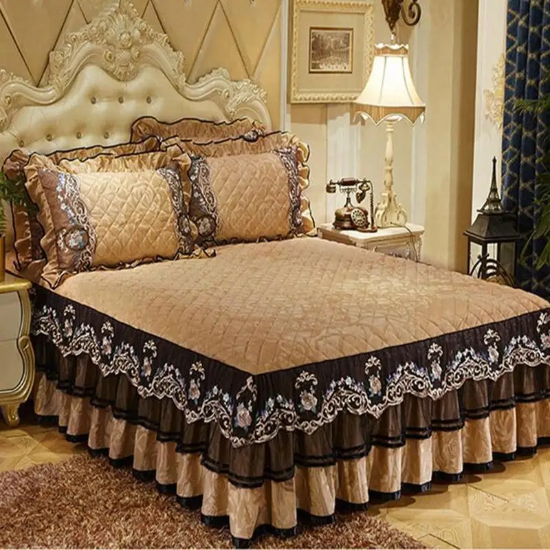36 3pcs thick lace bedspreads Euro style velvet skirted bed sheet and pillowcases set quality cover | Дом и сад