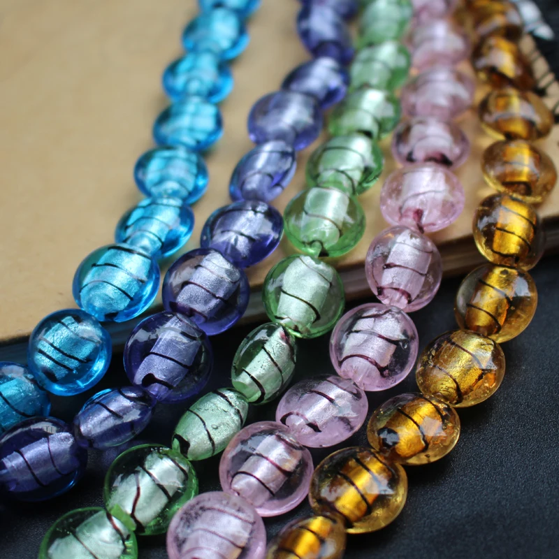 

10Pcs 15 20mm Lampwork glass beads Round Flat Black stripes Foiled Multi-Color for jewelry Bracelet Necklace EarringDIY Fashion