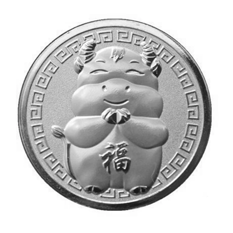 

2021 Silver Plated Chinese Ox Lucky Coin Embossed Commemorative Metal Badge Collectible Coin Craft Home Decoration Modern