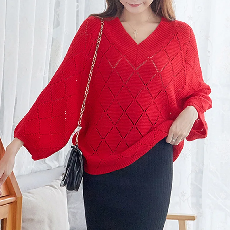 

Women Solid Hollow Out Ribbed Knitted Sweater 2021 Autumn Winter V Neck Tops Casual Female Long Sleeve Loose Pullover Sweater