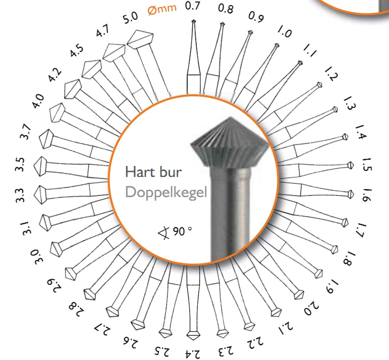 Набор из 6 Алмазных фрез hart burs bдвойkegel для ювелирных изделий Размер 0 7-5 мм