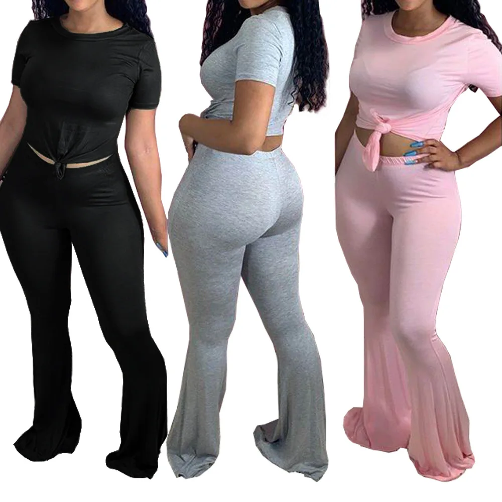 

European sexy solid color casual women's suit loose o-neck short sleeve T-shirt and trousers 2-piece set
