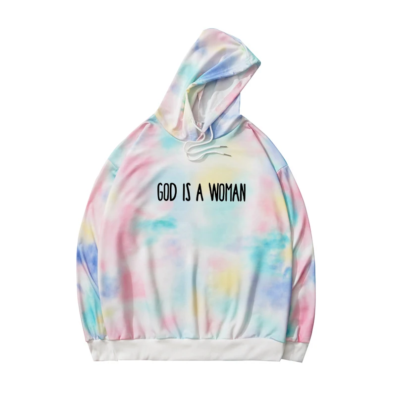 

Autumn Spring New Hoodie Loose Harajuku Funny God Is Woman Letter Print Sweatshirts Women Casuasl Fashion Tie Dyed Tops Clothing
